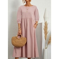 Etuikleid Damen Midikleid Weiß Schwarz Rosa Hellbraun Grau 3/4-Ärmel Volltonfarbe Tasche Frühling Sommer Rundhalsausschnitt Elegant Freizeit Laternenärmel S M L XL XXL / Maschinenwäsche Lightinthebox