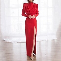 Etuikleid für Damen,  Maxikleid,  schwarz,  rot,  Langarm,  einfarbig,  geschlitzt,  gerafft,  gerafft,  Herbst,  Winter,  Rollkragen,  stilvoll,  elegant,  formal,  Abschlussballkleid,  Party 2022,  xs,  s,  m,  l,  xl,  Lightinthebox