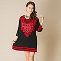 J Q Damen Big Size Weinlese-Druck Dimonade 3/4 Ärmel Kleid (Screen Color)