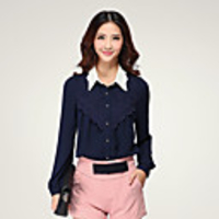 J Q Damen Spring koreanische Slim Fit Long Sleeve Lotusblatt Kragen Chiffon Shirt (Marine-Blau)