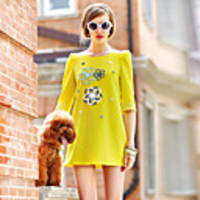 J Q Damen Spring koreanische Spitze lose Elbow Sleeve Crewneck Kleid (Gelb)