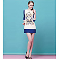 JAEJOON Frauen Okzident Printing OL Schlank Drei Viertel Sleeve Round Kragen Kleid (Screen Color)