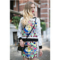 JAEJOON Frauen Okzident Printing Round Kragen Fleece-Plus-Anzug Rock (Screen Color)