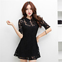 JAEJOON Frauen Revers Spitze Zweiteiler Kleid (Schwarz)