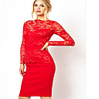 JAEJOON Frauen Sexy Langarm Lacepencil Kleid (rot)