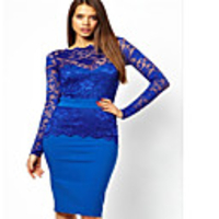 JAEJOON Frauen Sexy Langarm Lacepencil Kleid (Royal Blue)