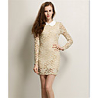 JAEJOON Frauen Taille Revers Schlank Langarm-Spitzenkleid (Screen Color)