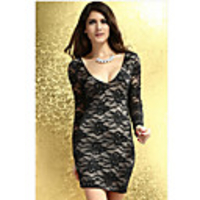 JAEJOON Frauen V-Ausschnitt Rückenfreies Langarm-Kleid (Schwarz)