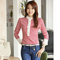 JANE FANS Fashion Langarm Streifen dünnes Spitze T-Shirt (Random Pattern)