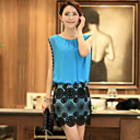 JANE FANS Runde Kragen Perlen Chiffon ärmellose Spitze Spleißen Kleid