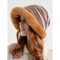Kuschelige Wintermütze aus Kunstpelz für Damen – Fischerhut aus Strick mit Vintage-Streifen und warmem Plüschfutter