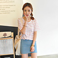 KYJ Frauen-Runde Collar Stripes Basic T-Shirt (weitere Farben)