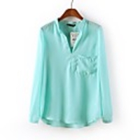 Maipinku Frauen mit V-Ausschnitt Chiffon Cyan Langarm-Shirt