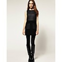 Maipinku Frauen Rundhals H-Line PU-Leder Ärmelloses Kleid