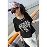 Maipinku Frauen-Rundhalsausschnitt-Elefant-Muster Chiffon-schwarzes T-Shirt