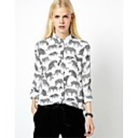 Maipinku Frauenrechts Ausschnitt Blumendruck Chiffon Langarm-Shirt