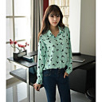 Maipinku Frauenrechts Ausschnitt Blumendruck Chiffon Langarm-Shirt