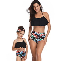 Mama und ich Gelb Schwarz Orange Frühling Sommer Aktiv Festtage Druck Tropisches Blatt Pflanze Ärmellos Bademode Lightinthebox