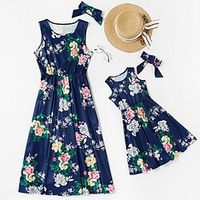 Mama und ich Kleid Baumwolle Blumen Bedruckt Blau Ärmellos Midi Grundlegend Passende Outfits / Sommer Lightinthebox