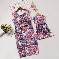 Mama und ich Kleid Blumen Schleife Rote Ärmellos Midi Grundlegend Passende Outfits / Sommer / Bedruckt Lightinthebox