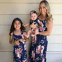 Mama und ich Kleider Baumwolle Blumen Druck Staubiges Blau Ärmellos Maxi Süß Passende Outfits Lightinthebox