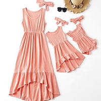 Mama und ich Kleider Baumwolle Volltonfarbe Rüsche Gelb Rosa Himmelblau Ärmellos Maxi Alltag Passende Outfits Lightinthebox