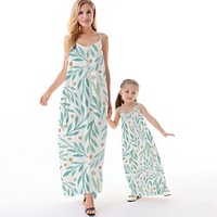 Mama und ich Kleider Blatt Normal Rückenfrei Blau Ärmellos Maxi Trägerkleid Aktiv Passende Outfits Lightinthebox