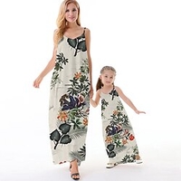 Mama und ich Kleider Blumen Blatt Normal Rückenfrei Beige Ärmellos Maxi Trägerkleid Aktiv Passende Outfits Lightinthebox