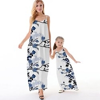 Mama und ich Kleider Blumen Normal Rückenfrei Blau Ärmellos Maxi Trägerkleid Aktiv Passende Outfits Lightinthebox