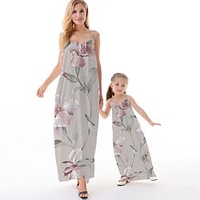 Mama und ich Kleider Blumen Normal Rückenfrei Grau Ärmellos Maxi Trägerkleid Aktiv Passende Outfits Lightinthebox
