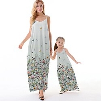 Mama und ich Kleider Blumen Normal Rückenfrei Grau Ärmellos Maxi Trägerkleid Aktiv Passende Outfits Lightinthebox