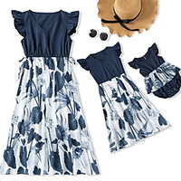 Mama und ich Kleider Blumen Pflanze Druck Staubiges Blau Ärmellos Alltag Passende Outfits Lightinthebox