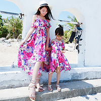 Mama und ich Kleider Blumen Rüsche Blau Fuchsie Ärmellos Knielang Passende Outfits / Ausgeschnitten / Druck Lightinthebox