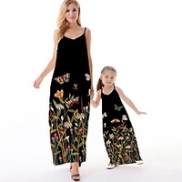 Mama und ich Kleider Blumen Schmetterling Tier Normal Rückenfrei Schwarz Ärmellos Maxi Trägerkleid Aktiv Passende Outfits Lightinthebox
