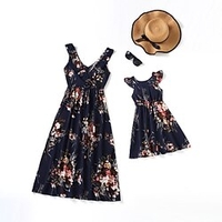 Mama und ich Kleider Blumen Täglich Bedruckt Dunkel Blau Ärmellos Knielang T Shirt Kleid Täglich Passende Outfits Lightinthebox