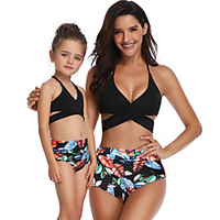 Mama und ich Schwarz Grün Frühling Sommer Aktiv Festtage Druck Tropisches Blatt Pflanze Ärmellos Bademode Lightinthebox