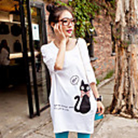 MM Fisch Frauen Korean Lässige Cat Print Kurzarm T-Shirt (36 weiß)