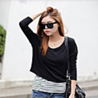 MMS lose Runde Kragen Striped gefälschte Zwei-Stück Langarm-T-Shirt (schwarz)