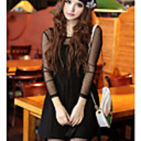 MMS-Mesh-Stitching Sexy Langarm-Kleid (Schwarz)