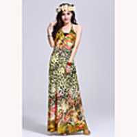 Mode Damen Bohemian Style Abnehmen Leopard-Druck QMilch Maxikleid (Gelb)