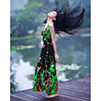 Mode Damen Bohemian Style Aquarell Druck QMilch Sleevless Kleid (Grün)