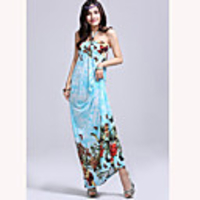 Mode Damen Bohemian Style Elegante Halter Blumendruck QMilch Maxi Kleid (Light Blue)