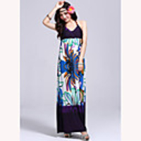Mode Damen Bohemian Style elegantes Blumen-Muster Splicing Sleevless QMilch Maxi Kleid (lila)