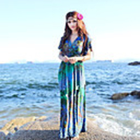 Mode Damen Bohemian Style V-Ausschnitt Kurzarm QMilch Maxikleid (blau)