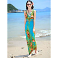 Mode Damen Fashioin Bohemian Style Abnehmen V-Ausschnitt,  ärmellos QMilch Maxikleid (blau)