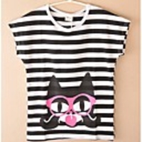 Mode f?r M?dchen Korean Style Runde Kragen Streifen Batwing Kurzarm-T-Shirt