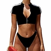 nmqlx Damen Reißverschluss Kurzarm Split Bikini hohe Taille 2-teiliger Badeanzug schwarz Lightinthebox