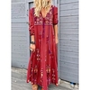 Rotes Boho-Maxikleid für Damen mit ethnischem Blumendruck,  V-Ausschnitt,  Dreiviertelärmel,  lässige,  lockere Passform,  Strandparty,  Sommermode,  Kleidung