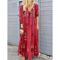 Rotes Boho-Maxikleid für Damen mit ethnischem Blumendruck,  V-Ausschnitt,  Dreiviertelärmel,  lässige,  lockere Passform,  Strandparty,  Sommermode,  Kleidung