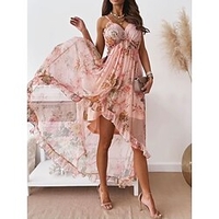 Trägerloses Kleid für Damen,  Blumendruck,  hoher Saum,  elastisches Mieder,  errötendes Rosa,  fließend,  romantisch,  Frühling,  Sommer,  Gartenparty,  Strand,  Hochzeit,  Größen verfügbar